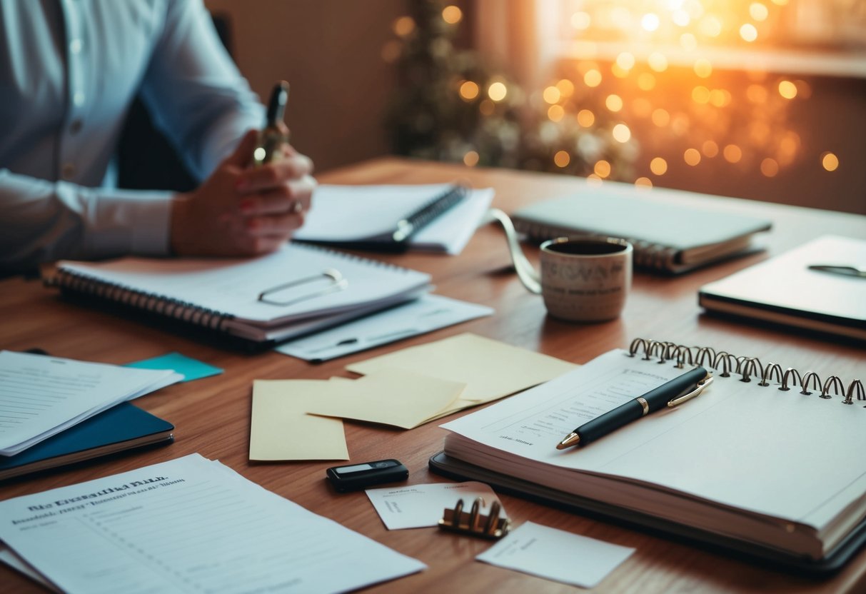 A cluttered table with scattered wedding planning materials and a stressed-looking notebook