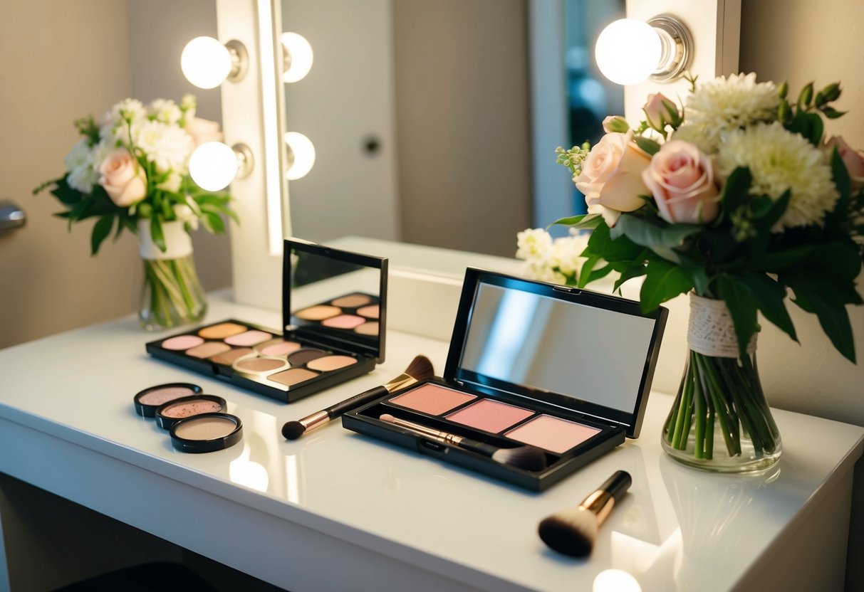 A bride's makeup spread out on a vanity with soft lighting, a mirror, and a bouquet of flowers nearby