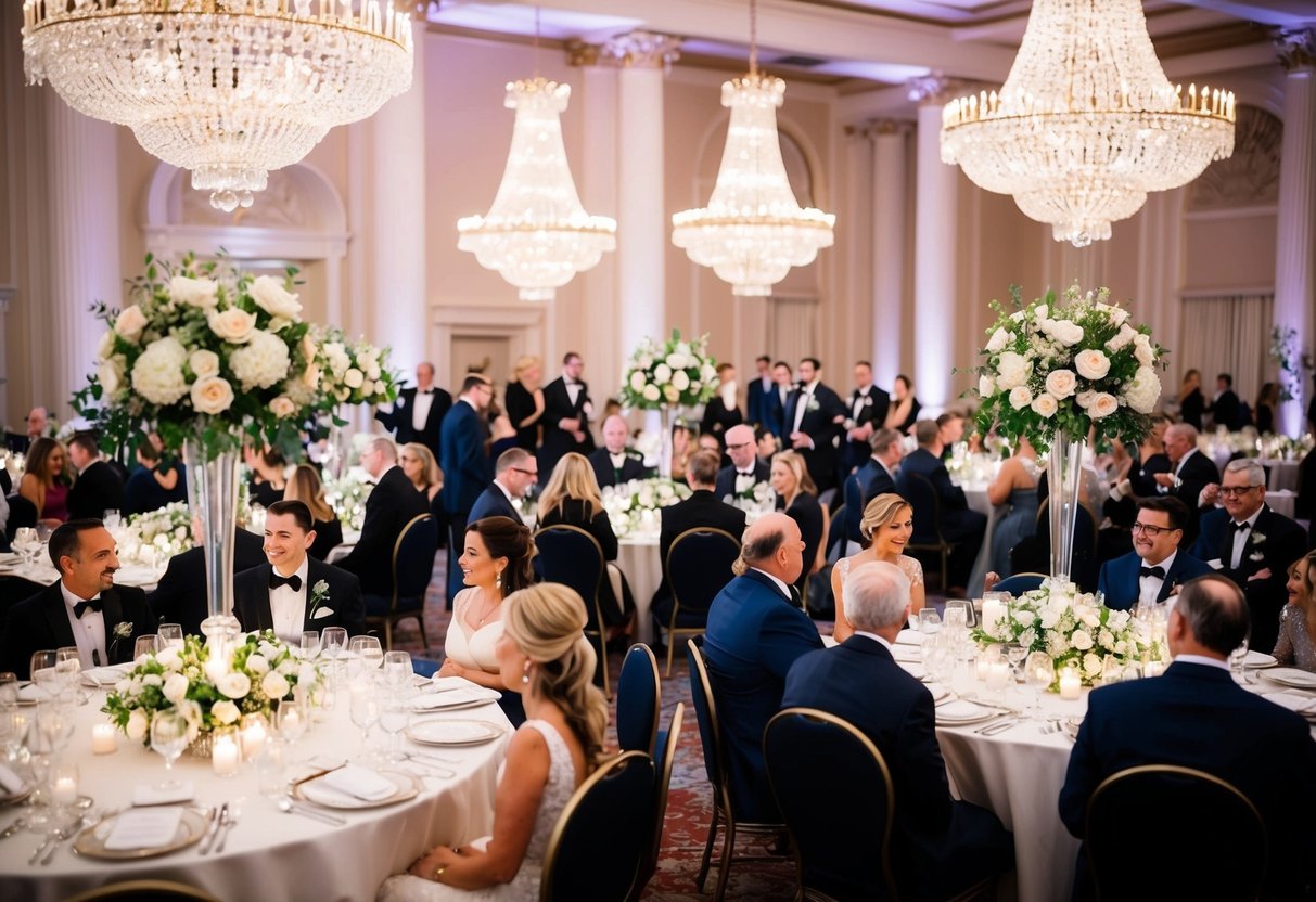 A grand ballroom adorned with crystal chandeliers, elegant floral centerpieces, and guests dressed in formal attire