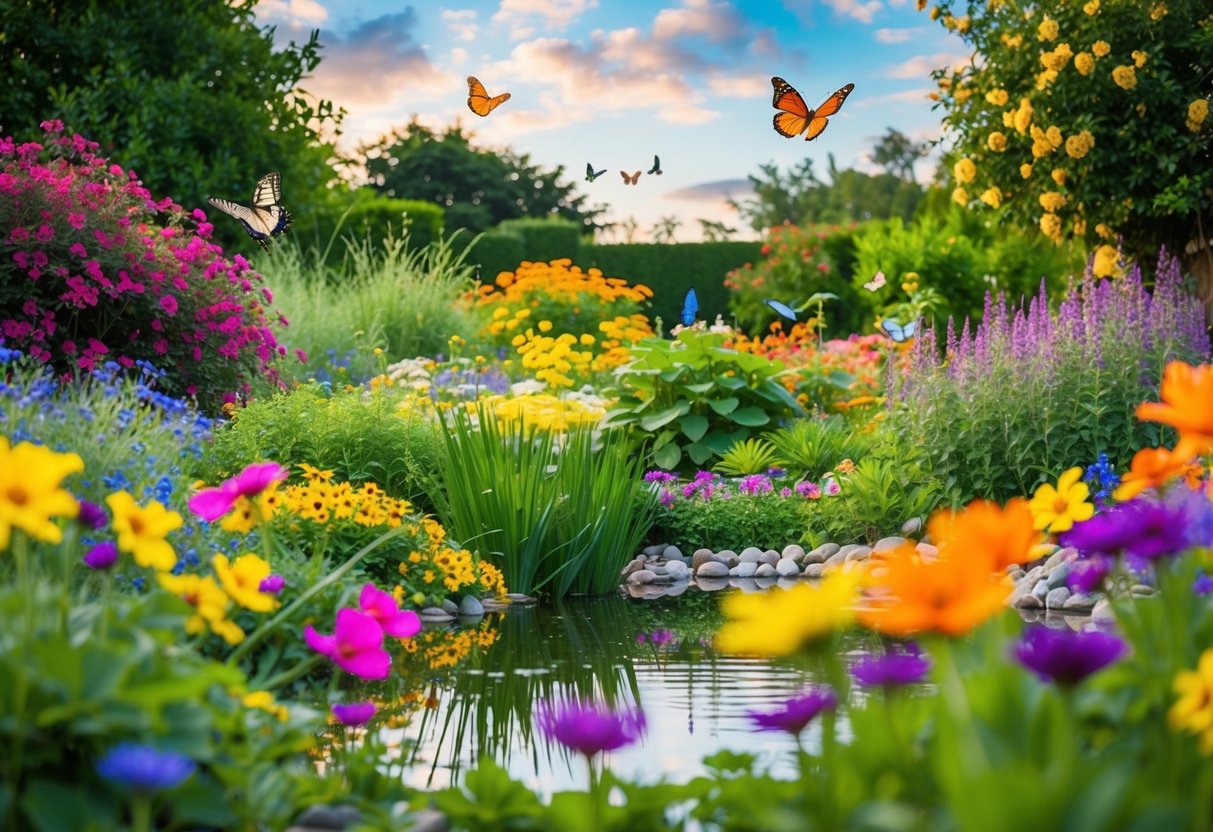 A vibrant garden with colorful flowers and a peaceful pond, with butterflies fluttering and birds singing in the background