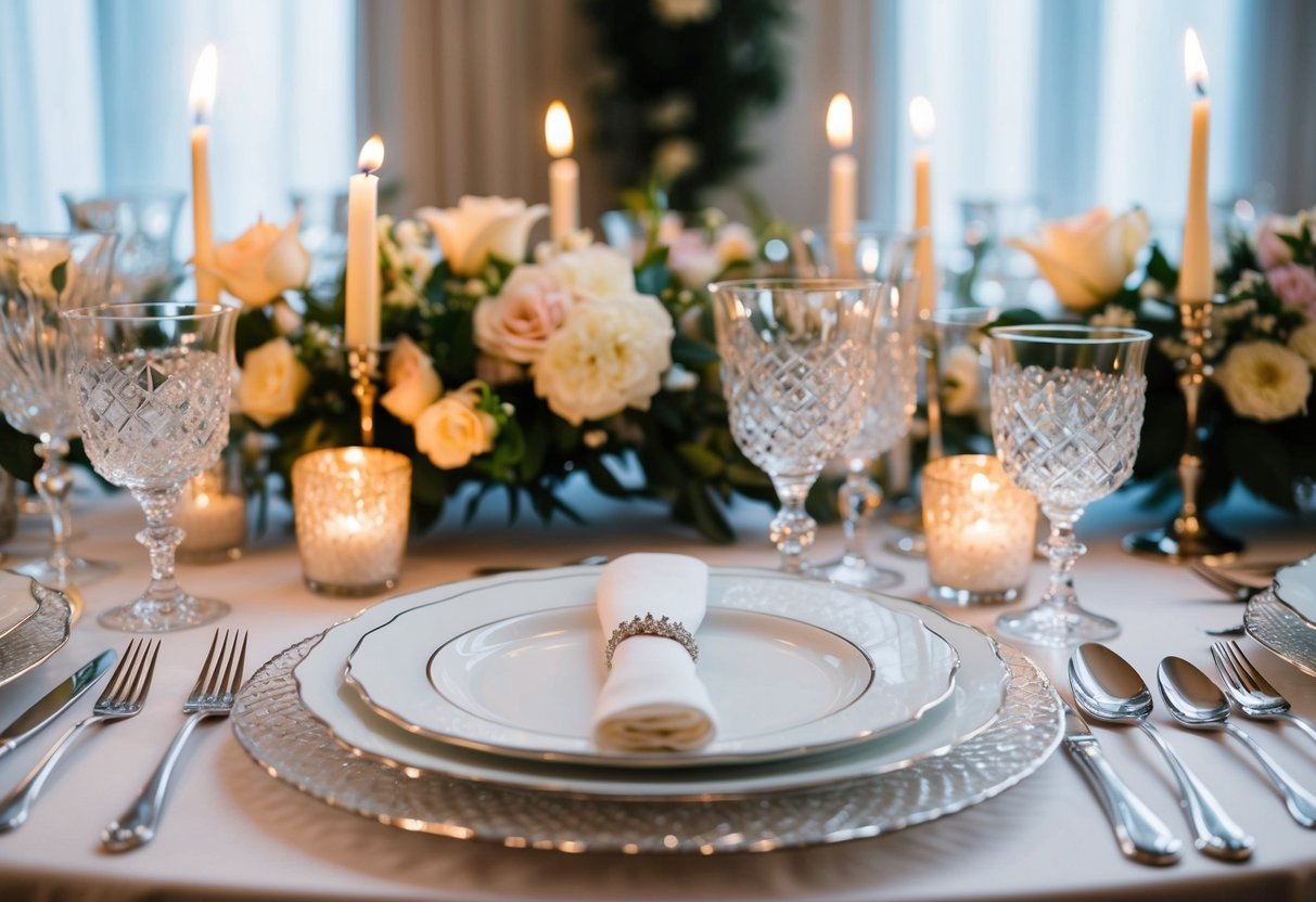 A table set with fine china, crystal glasses, and elegant silverware, adorned with fresh flowers and flickering candles