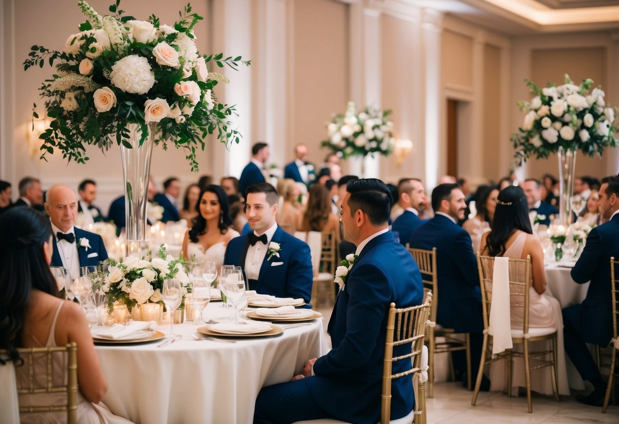 A luxurious wedding reception with elegant decor, floral arrangements, and sophisticated guests in formal attire