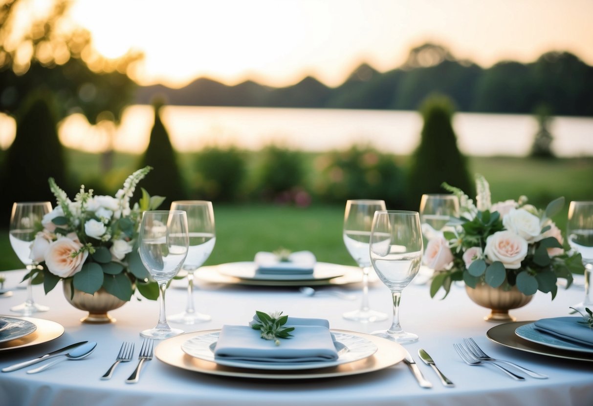 A table set with elegant place settings, floral centerpieces, and a serene outdoor backdrop