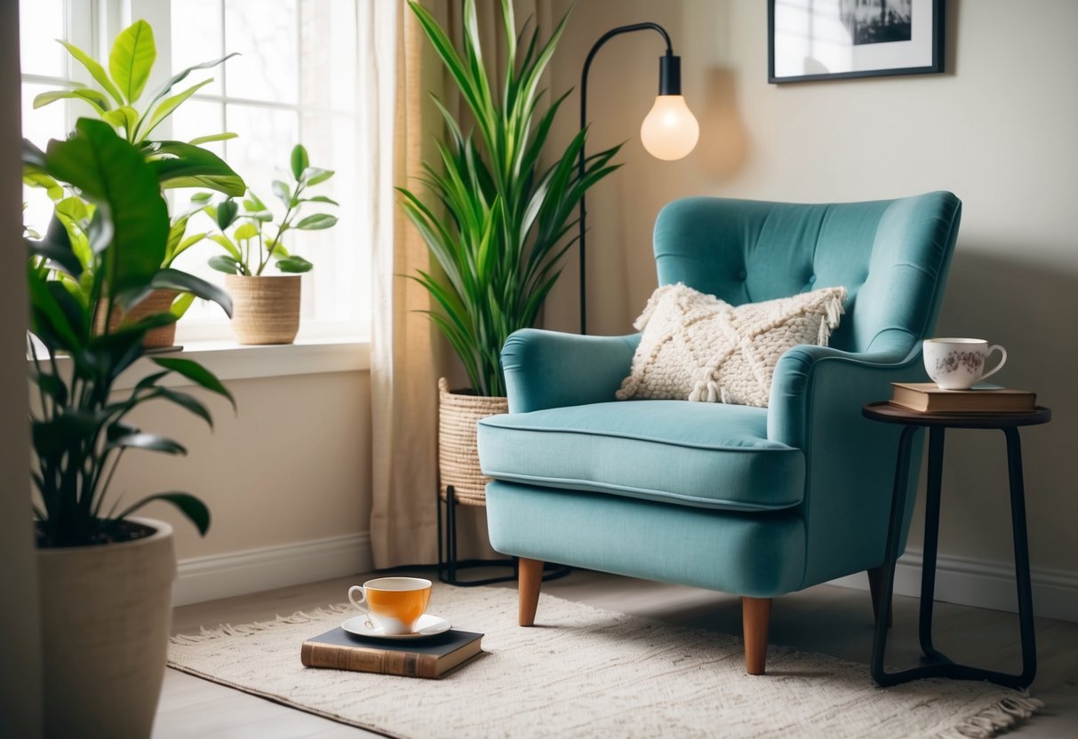A cozy chair surrounded by potted plants and soft lighting, with a cup of tea and a book on a side table