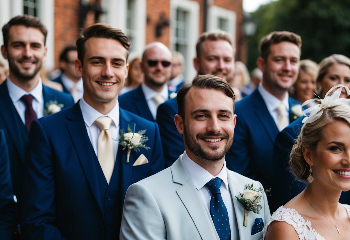 Guests at a UK wedding wear formal attire, such as suits and ties for men and dresses or formal outfits for women