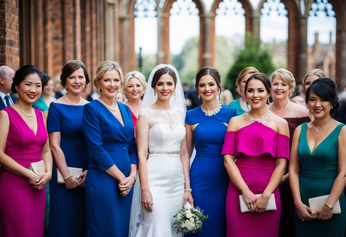 A group of elegantly dressed women in various formal wedding attire, adhering to the guidelines for guests at a UK wedding