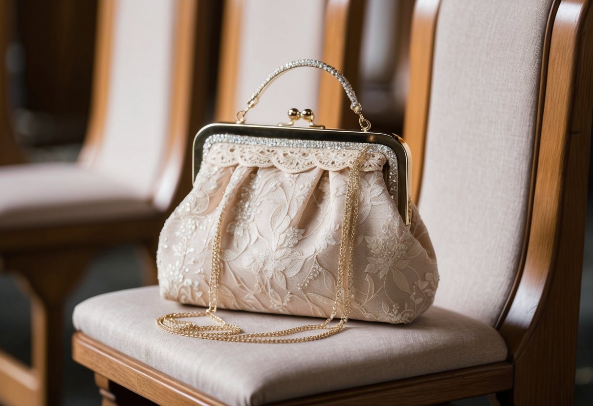 A woman's elegant purse sits on the pew, adorned with delicate lace and shimmering with a subtle sparkle