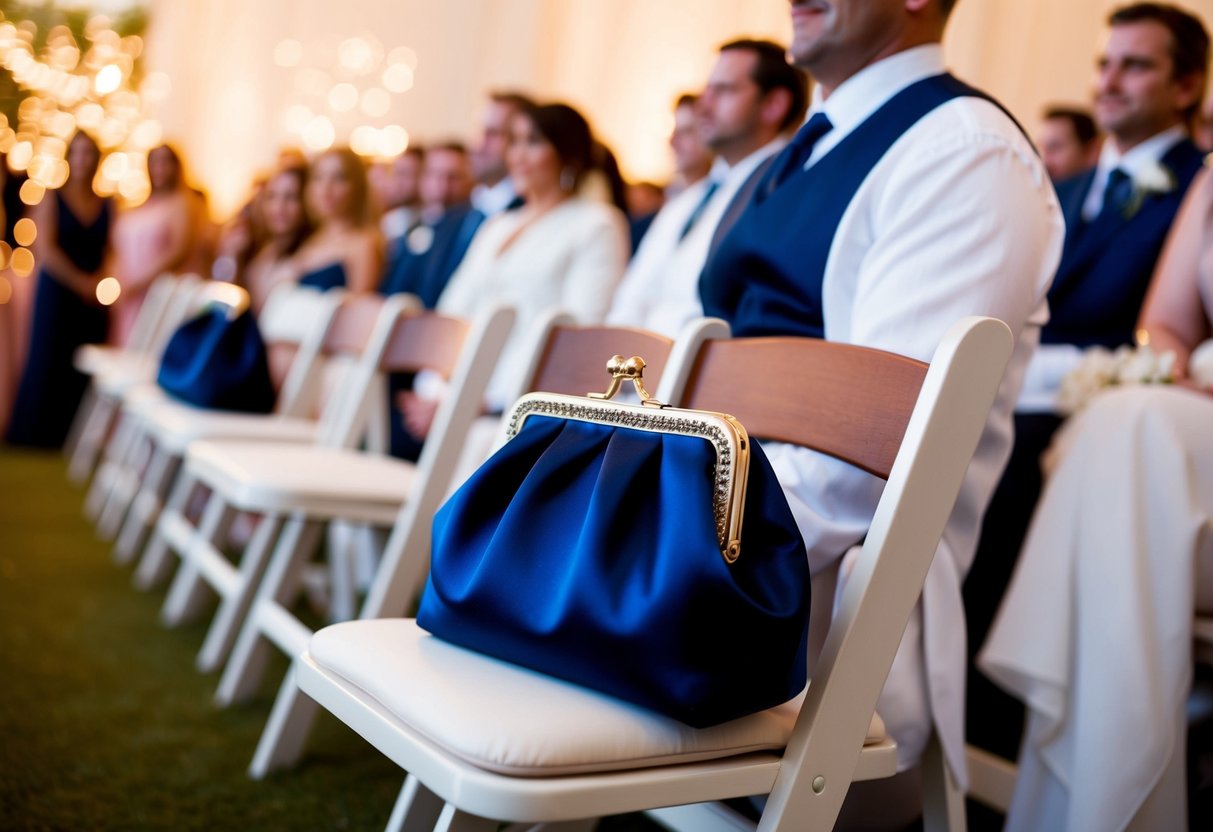 A woman's elegant purse rests on a chair in the front row of a wedding ceremony