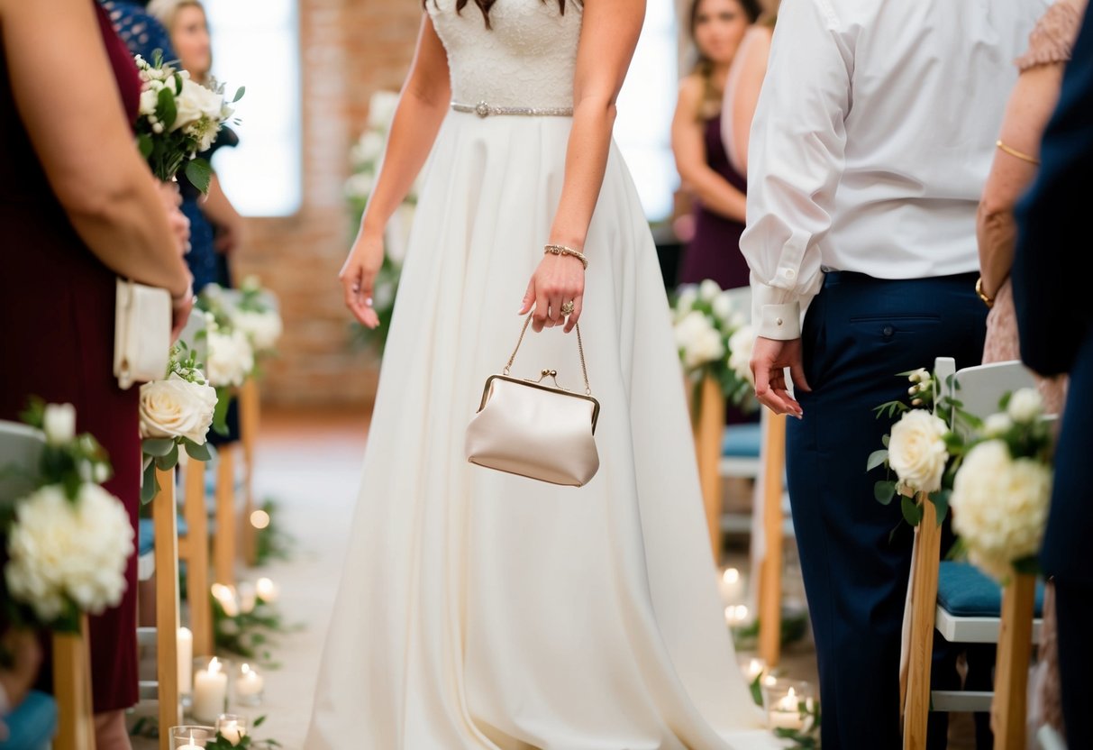 A woman's hand reaches for a delicate purse, suspended in midair, as she walks down the aisle