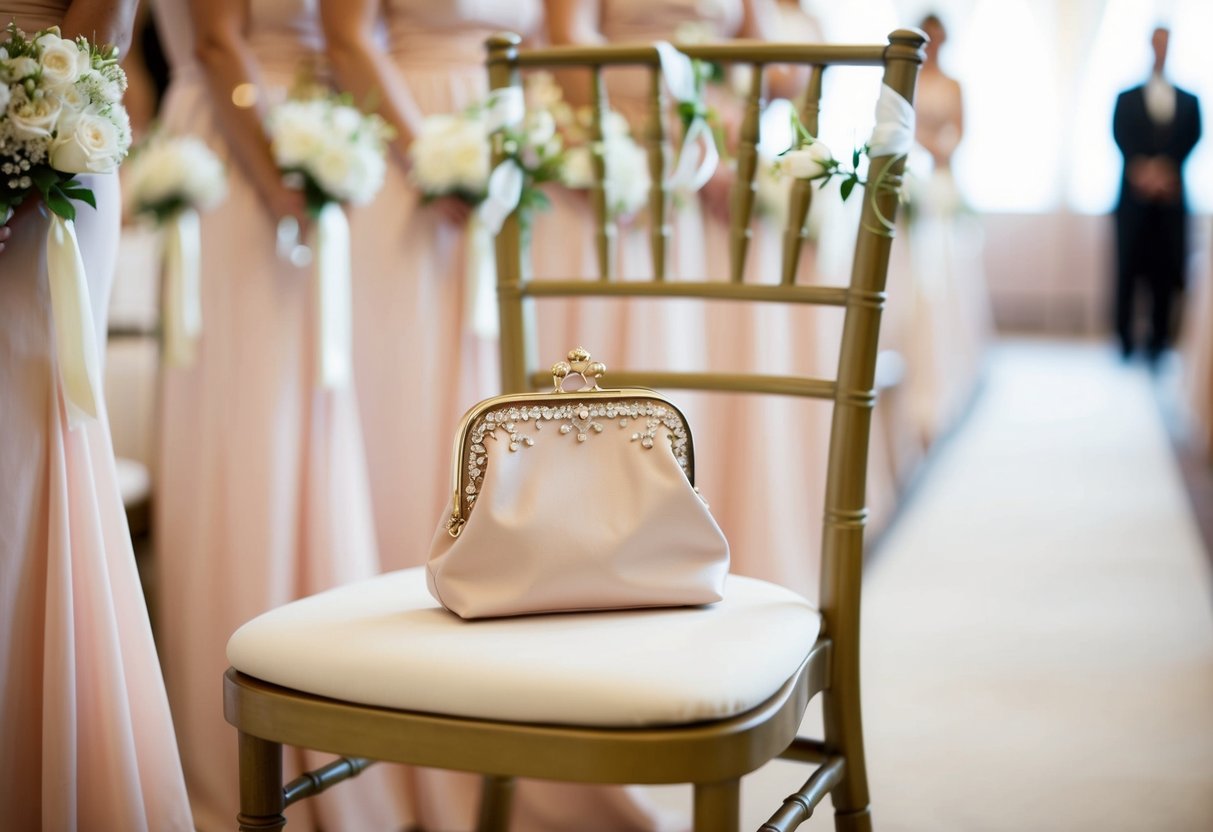 A small, elegant purse sits on a chair near the front of the aisle. It is tastefully adorned with delicate embellishments and matches the mother of the bride's outfit