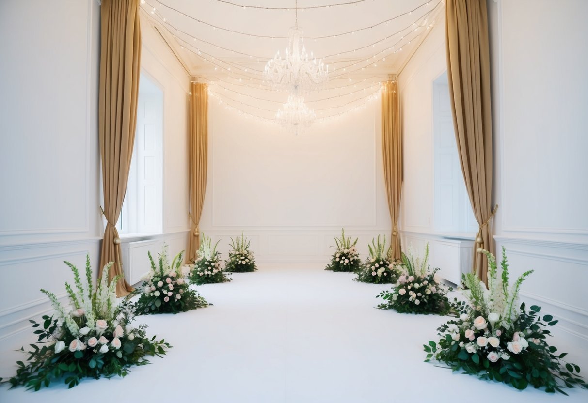 A blank room with white walls and high ceilings, adorned with twinkling fairy lights, elegant drapery, and lush floral arrangements