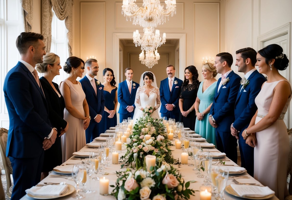 A group of elegantly dressed individuals gather around a long, ornate table adorned with flowers and candles, indicating the presence of the mother of the bride
