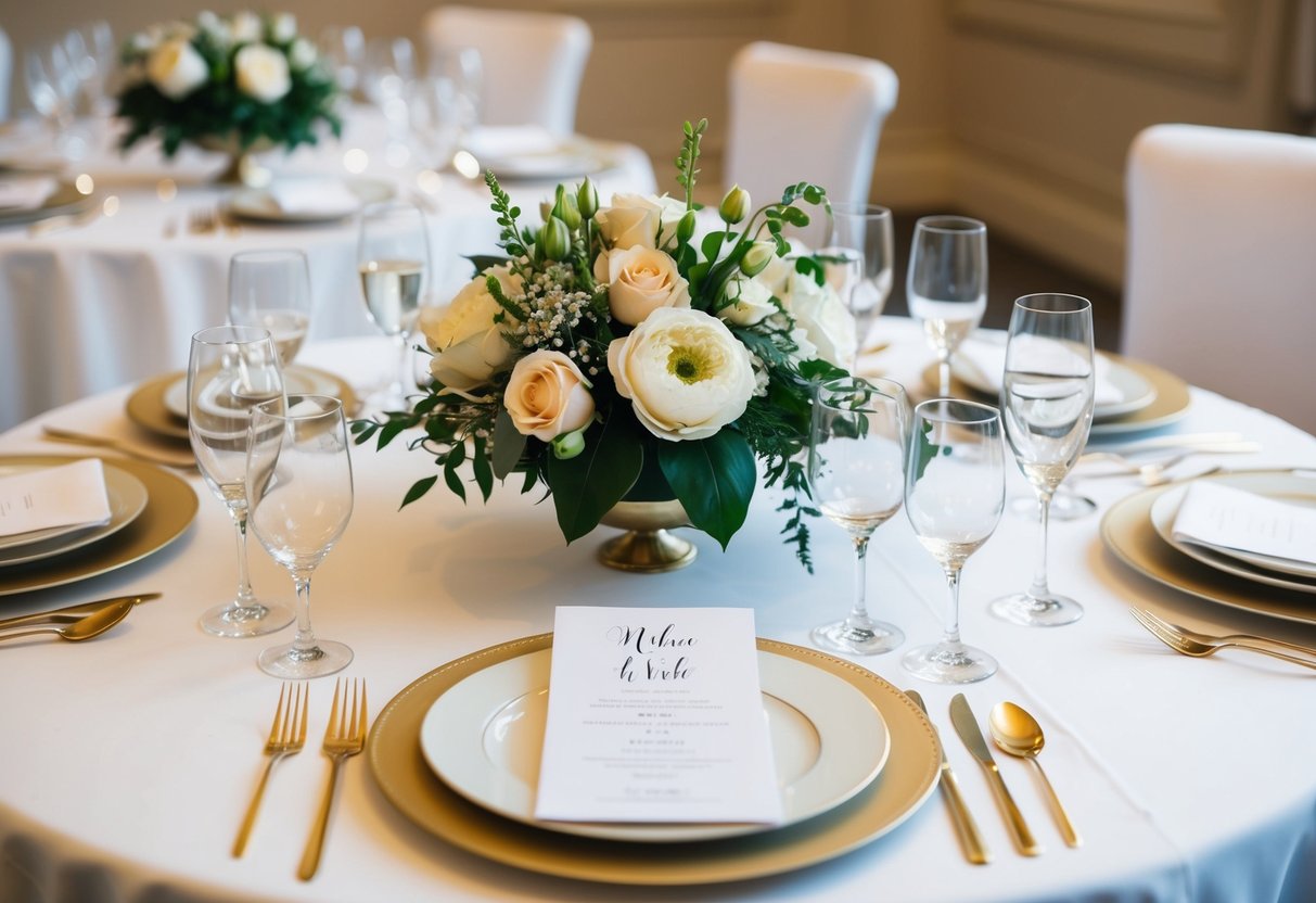 A table with elegant place settings and a floral centerpiece, designated for the mother of the bride