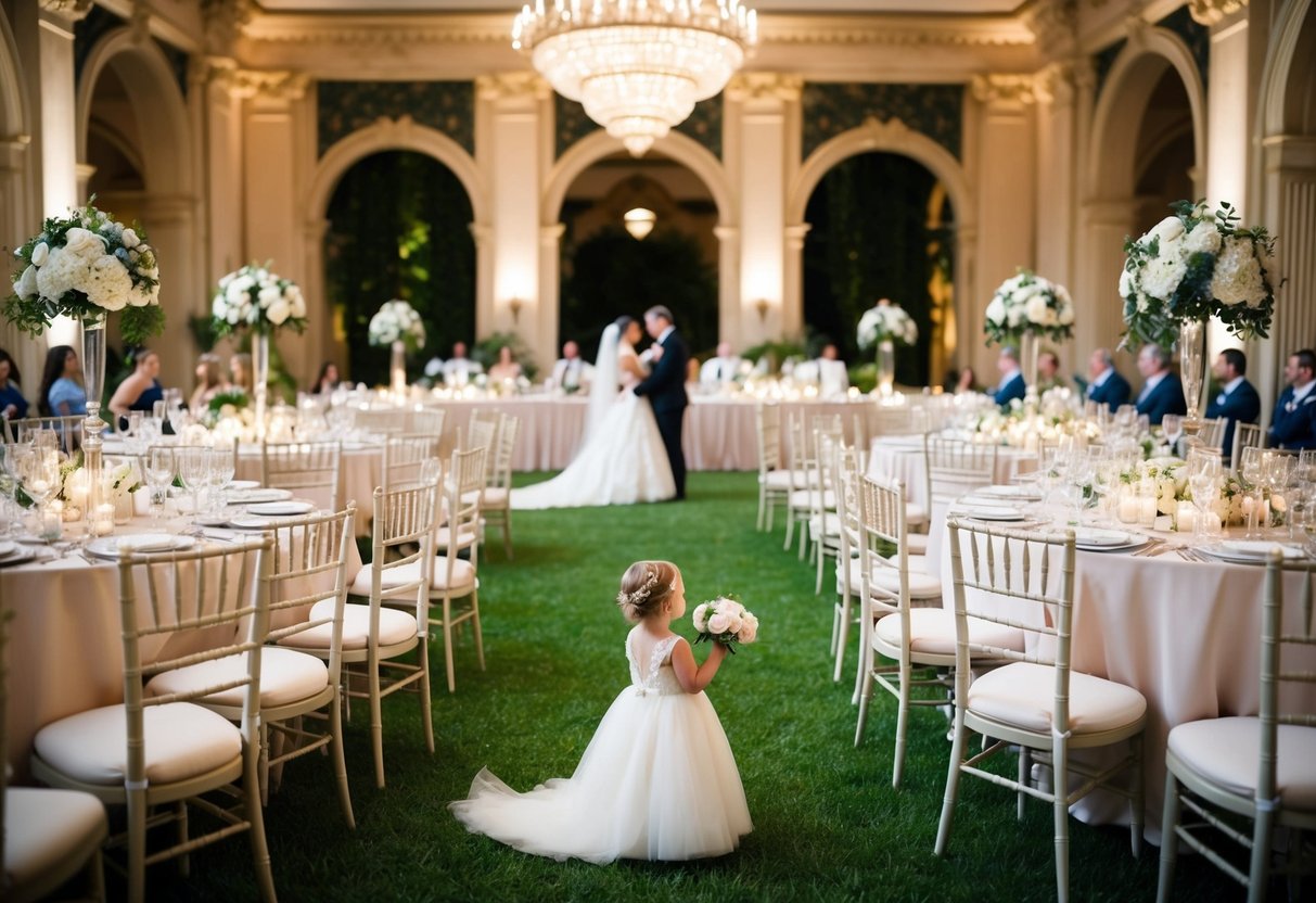 A small wedding ceremony in a picturesque garden, followed by a grand reception in a large, ornate ballroom with elegant decorations and a lavish banquet spread