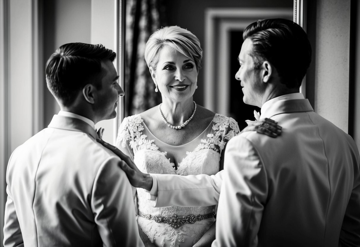 A mother gazing at her son with pride, placing a hand on his shoulder as they stand before a mirror, both dressed in elegant wedding attire
