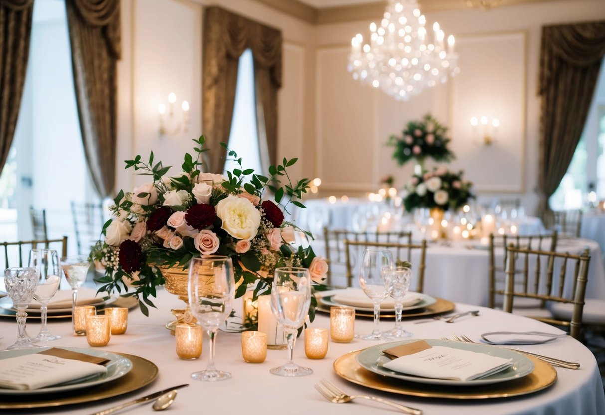A beautifully decorated wedding venue with flowers, candles, and elegant table settings