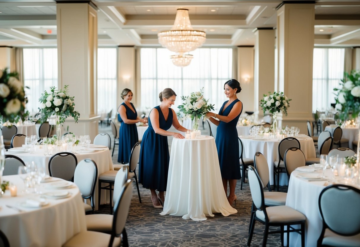 A wedding planner arranging tables and decorations for a small ceremony and a large reception in a spacious and elegant venue