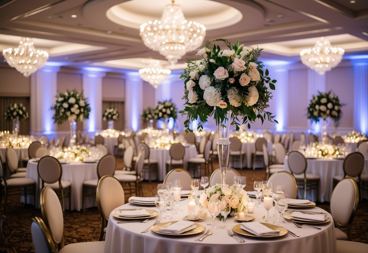 A grand wedding venue adorned with floral arrangements, elegant table settings, and twinkling fairy lights