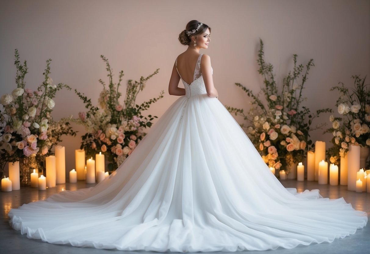 A bride stands in a flowing white gown, surrounded by blooming flowers and soft candlelight, her hair styled in an elegant updo with delicate accessories