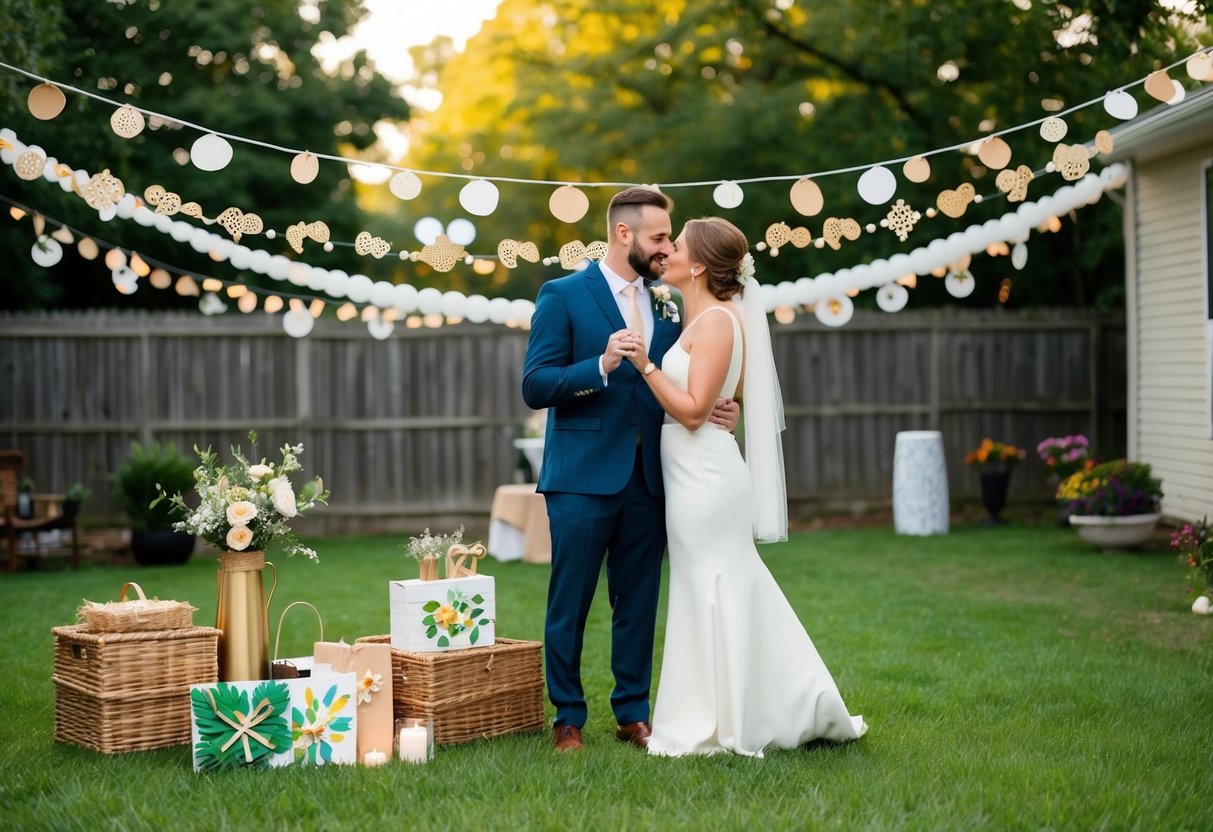 A couple decorates a backyard with handmade crafts for a budget-friendly wedding celebration