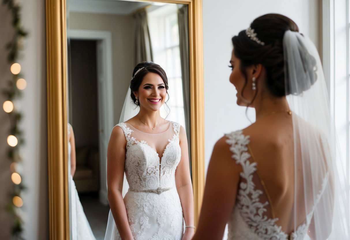 A bride standing in front of a full-length mirror, wearing her wedding dress with a radiant smile and a sense of contentment