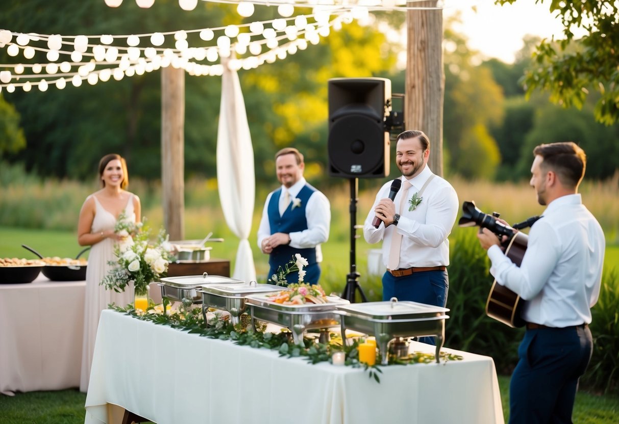 A DIY wedding scene: A beautifully decorated outdoor setting with a buffet table, live music, and a photographer capturing the joyful atmosphere