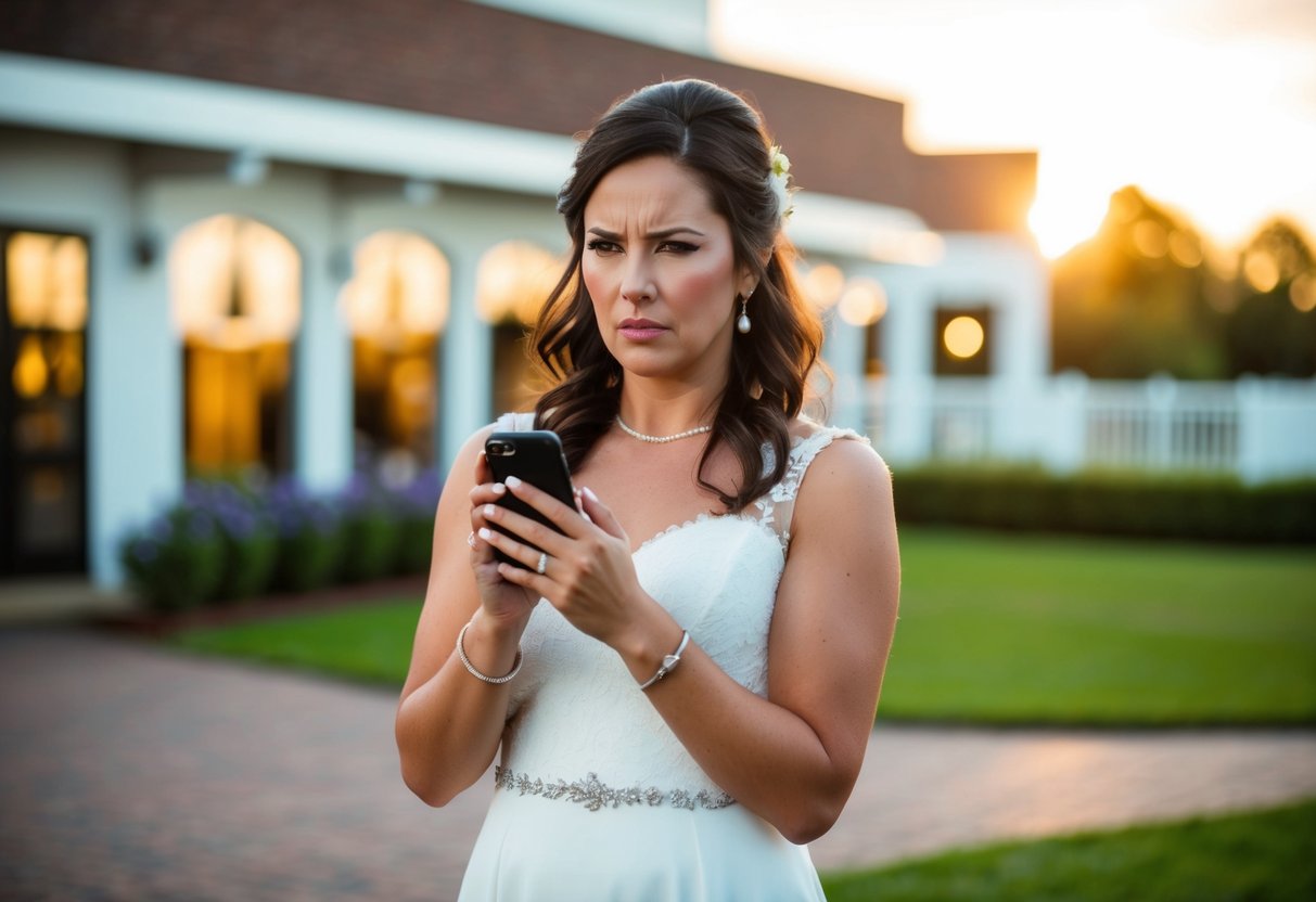 A woman stands in front of a wedding venue, holding a phone with a conflicted expression. The sun is setting, casting a warm glow on the scene