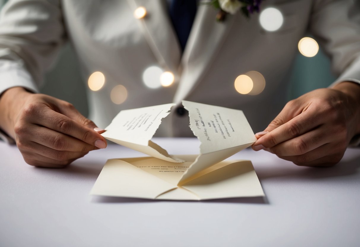 A wedding invitation being torn in half with a regretful expression