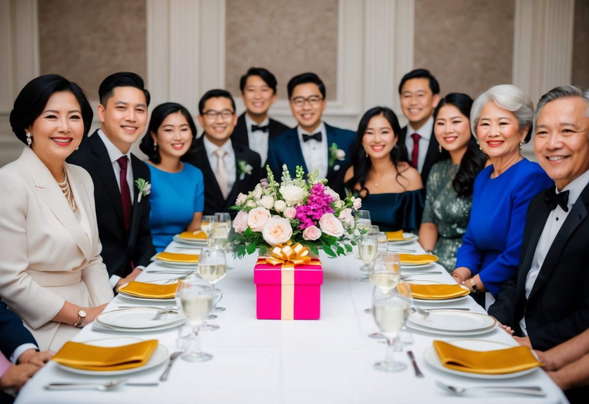 A table with an elegant floral centerpiece and a gift box surrounded by happy guests in formal attire