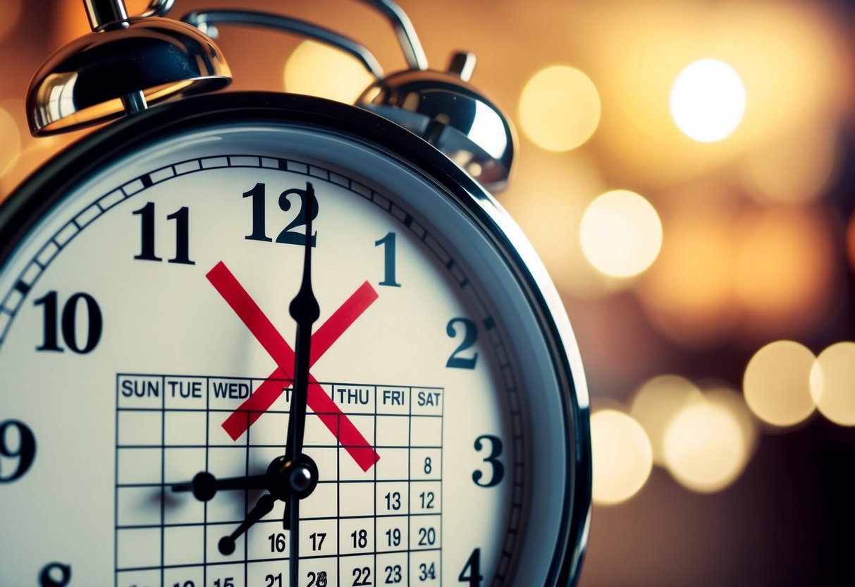 A clock striking midnight with a crossed out wedding date on a calendar
