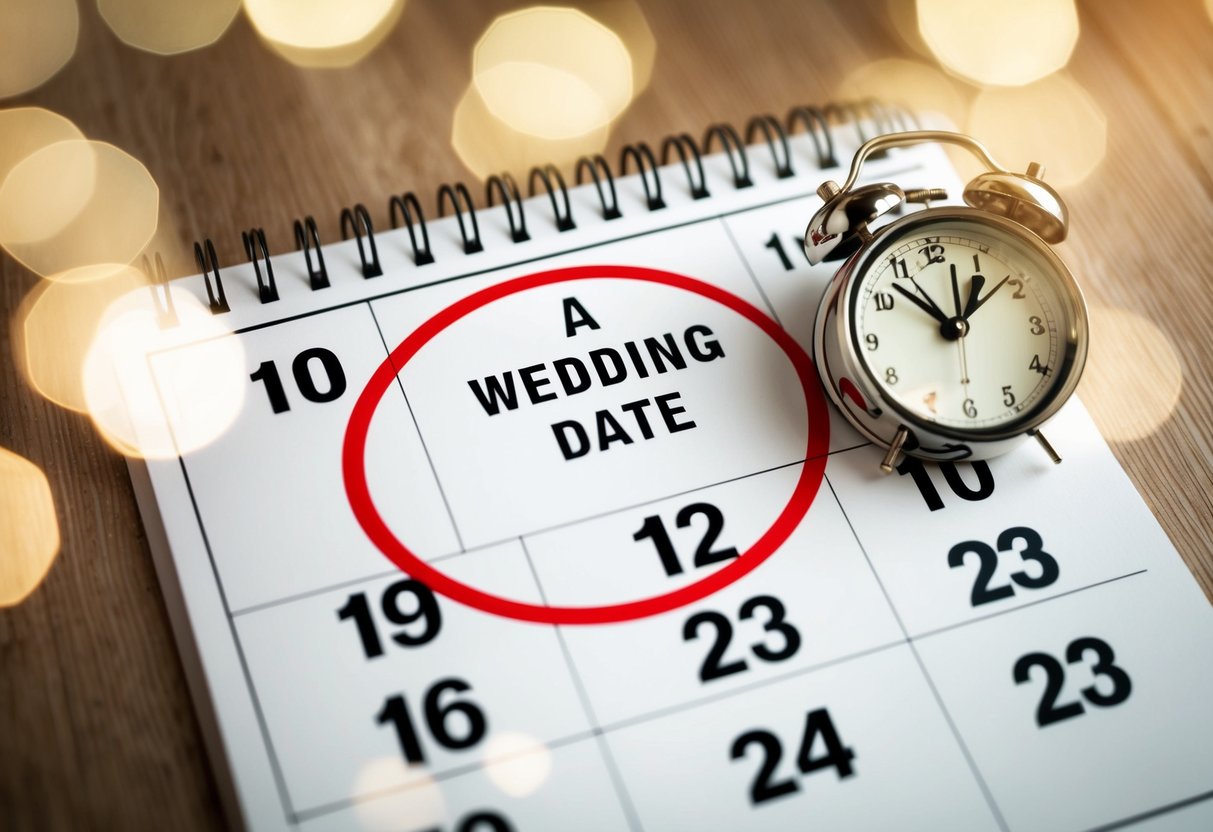A calendar with a wedding date circled in red, surrounded by crossed-out dates and a clock showing the time ticking closer to the wedding day