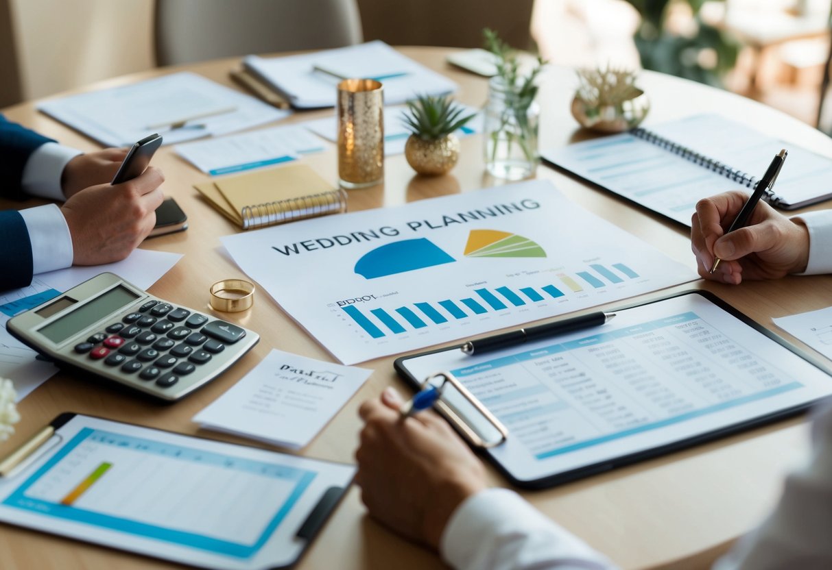A table covered in wedding planning materials, with a calculator, budget spreadsheet, and decorative items