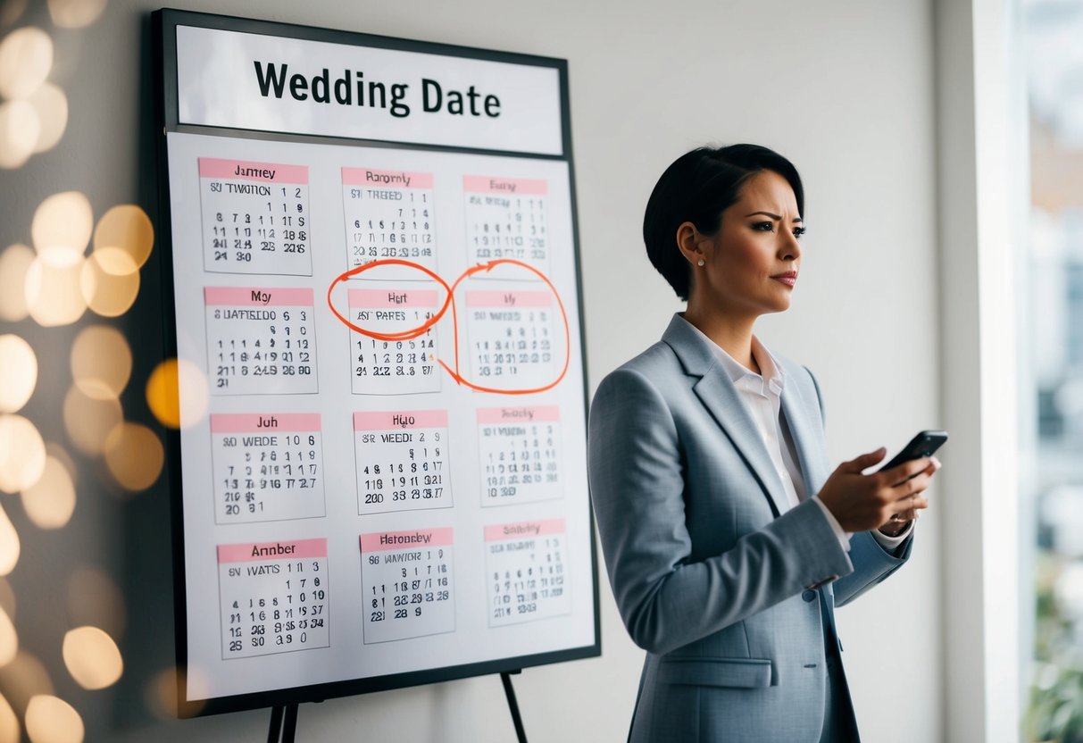 A person standing in front of a calendar with a wedding date circled, looking conflicted while holding a phone