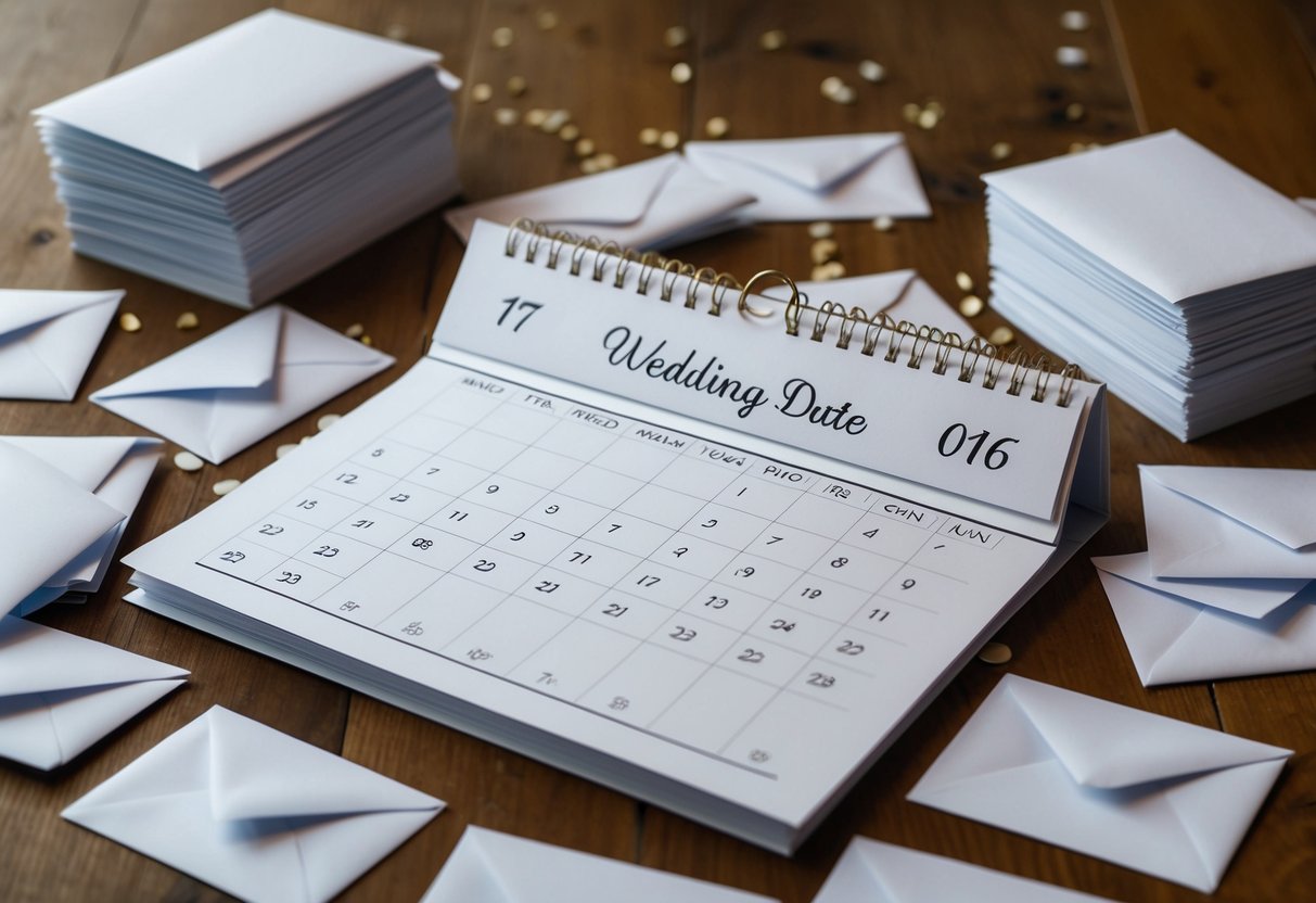 An open calendar with a wedding date circled, surrounded by scattered unopened envelopes and a stack of blank invitations