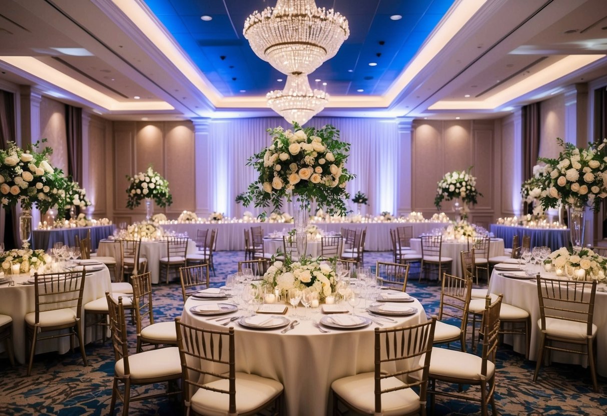 A lavish wedding venue with elegant decor, floral arrangements, and a grand banquet table set for a luxurious reception