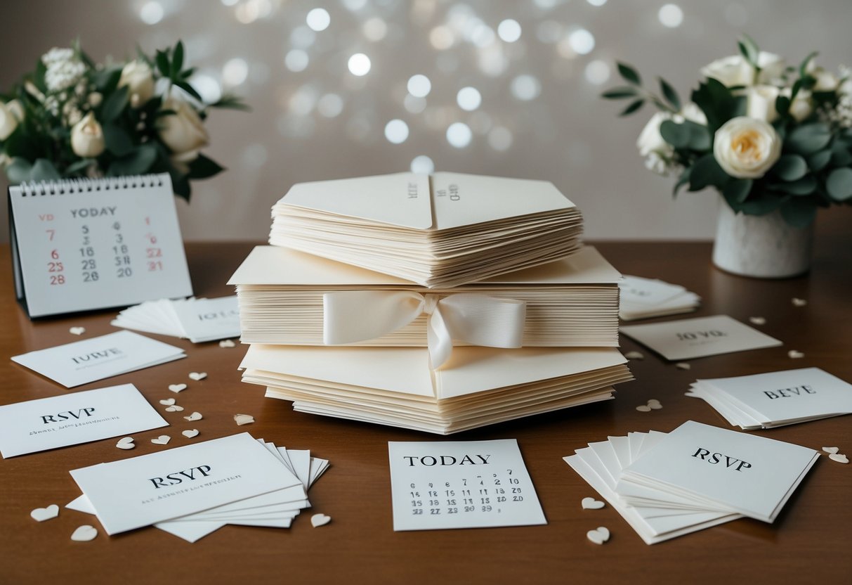 A stack of unopened wedding invitations sits on a table, surrounded by scattered RSVP cards and a calendar showing today's date three months before the wedding