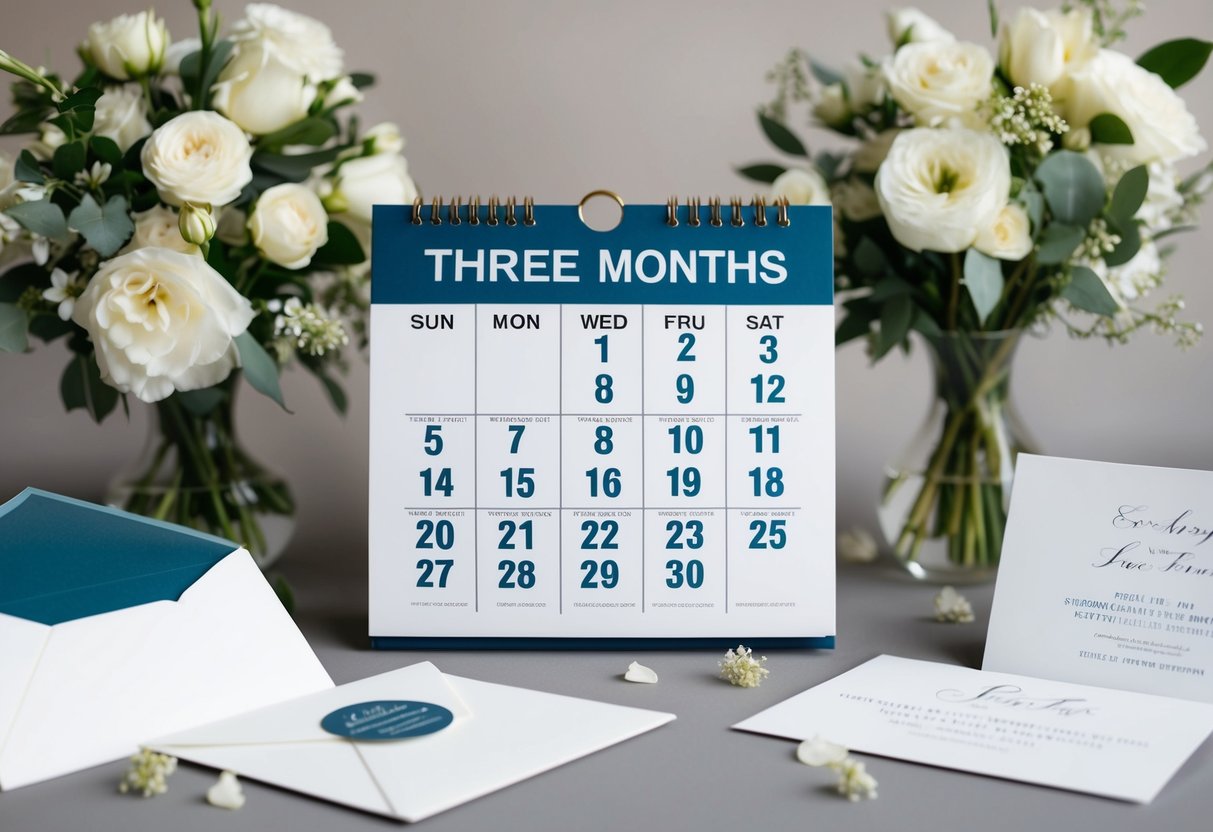 A calendar with the date three months before a wedding, surrounded by elegant wedding invitation designs and envelopes