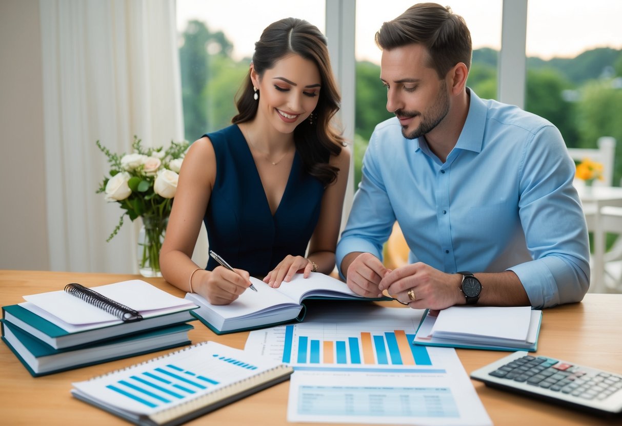 A couple surrounded by wedding planning books and budget spreadsheets, discussing financial considerations for their special day