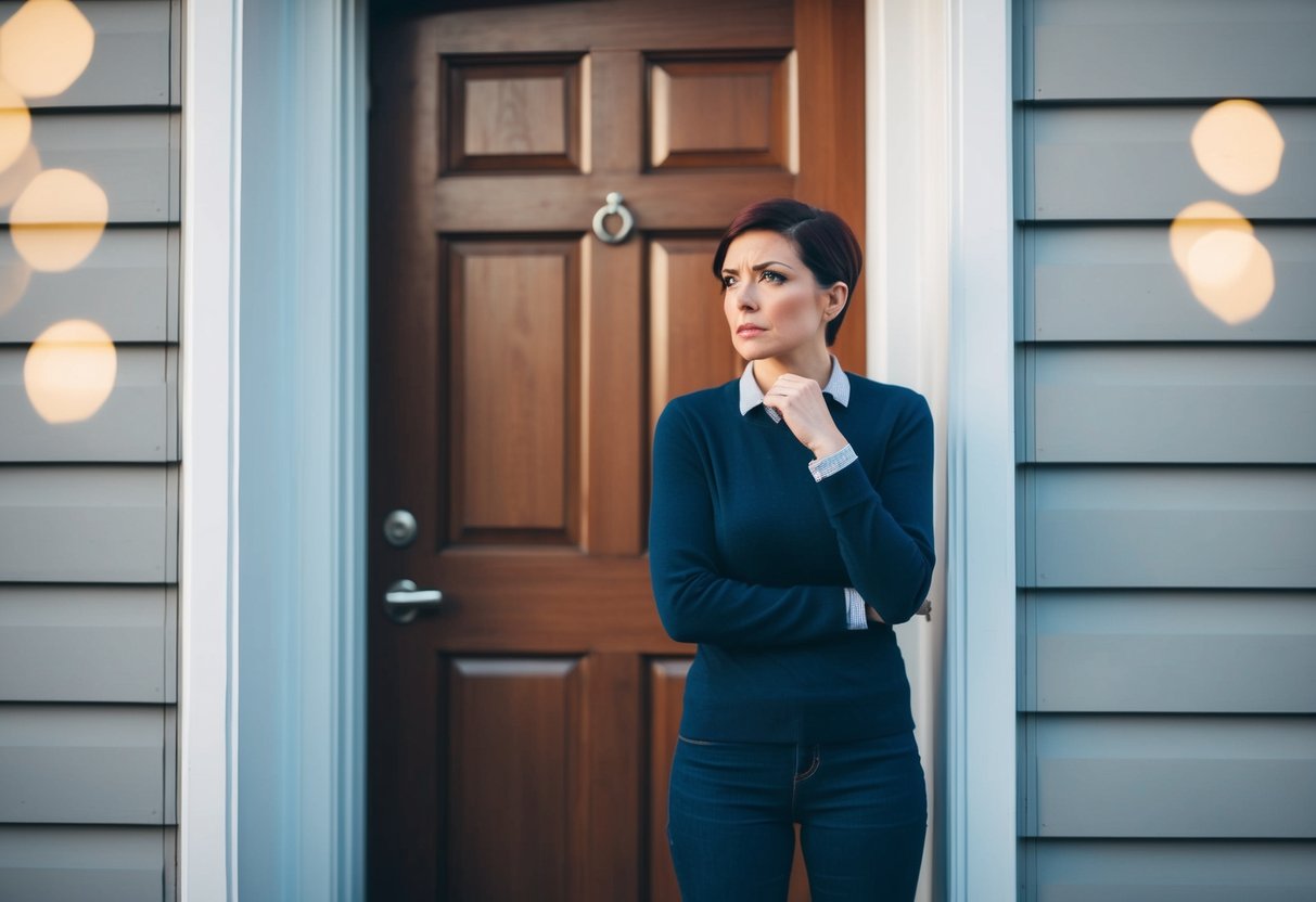 A person standing outside a closed door with a hesitant expression, unsure whether to knock or walk away