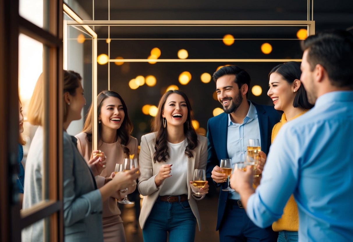 A group of people chatting and laughing inside a virtual party while someone stands outside, looking in through a digital window