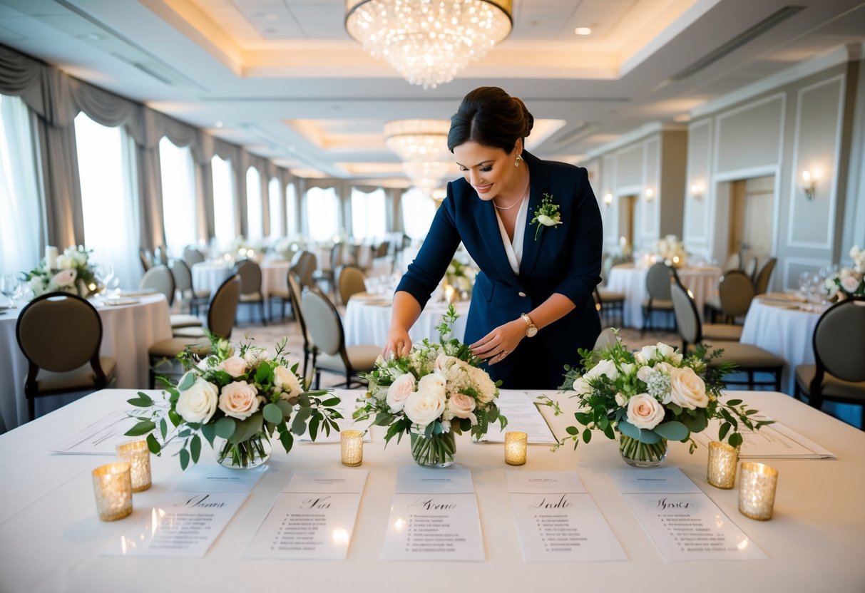 A wedding planner arranging flowers, seating charts, and decorations in a spacious venue with soft lighting and elegant decor