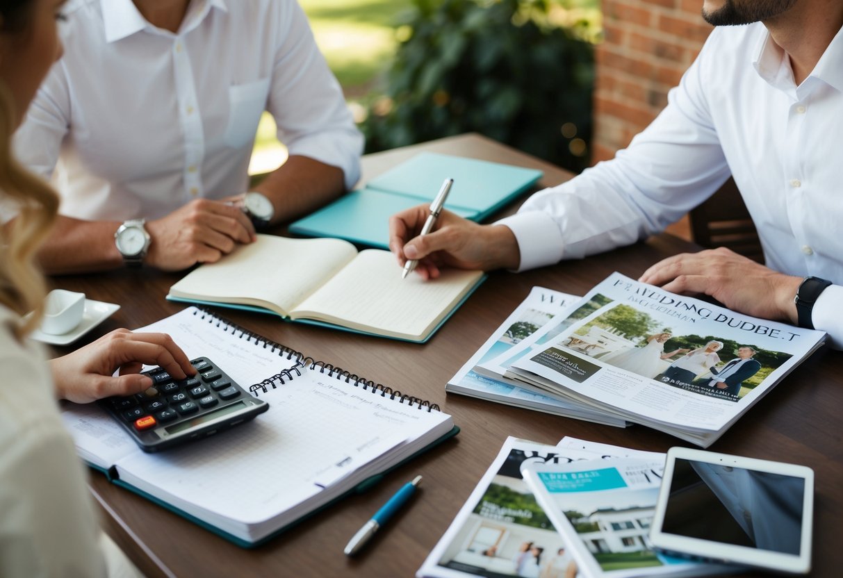 A couple sits at a table with a notebook, calculator, and wedding magazines spread out, discussing and planning their wedding budget