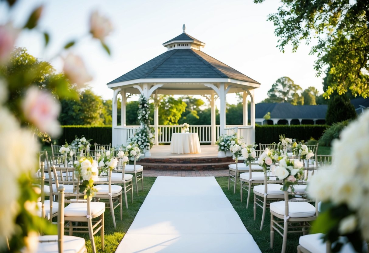 A serene outdoor wedding venue with a gazebo, blooming flowers, and elegant seating arrangements