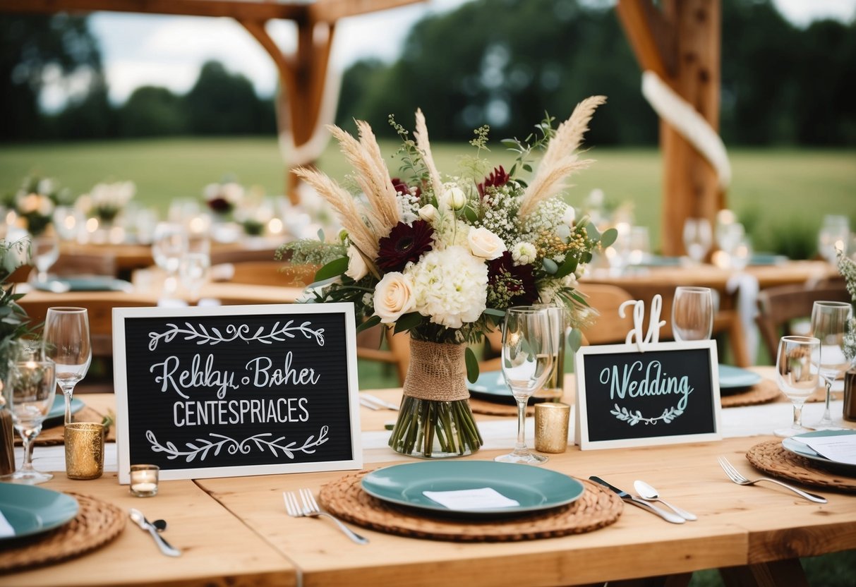 A rustic outdoor wedding with handmade decorations, personalized signage, and DIY centerpieces