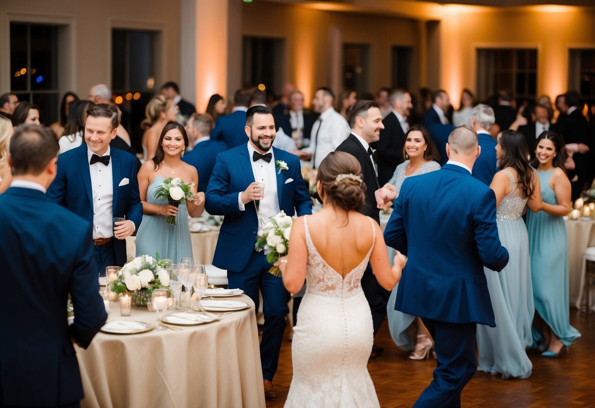 Guests mingling at a lively reception, with tables adorned in elegant decor and a dance floor filled with people celebrating