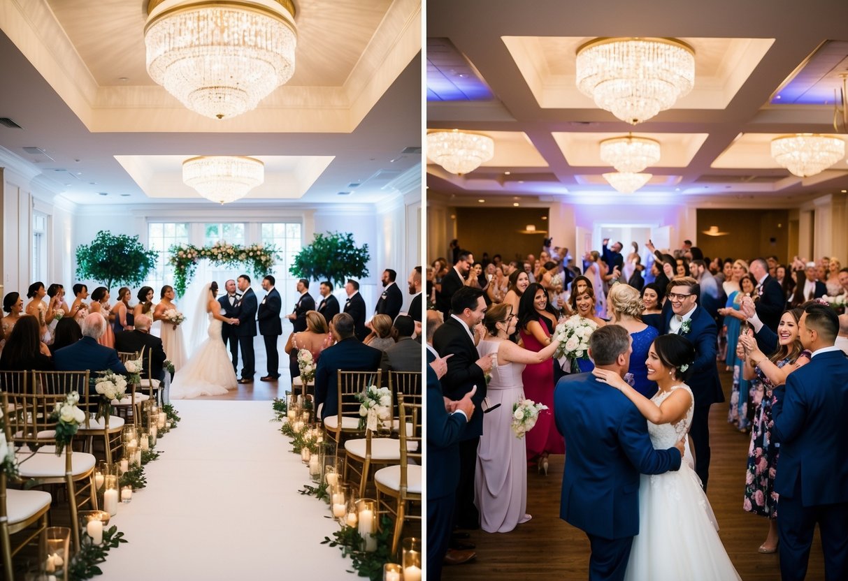 A beautiful wedding venue with an empty ceremony space and a lively reception area filled with guests celebrating