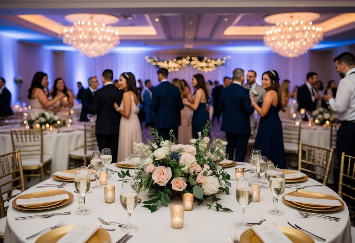 A festive reception with elegant decor, tables adorned with flowers, and guests mingling and celebrating without the presence of a wedding ceremony