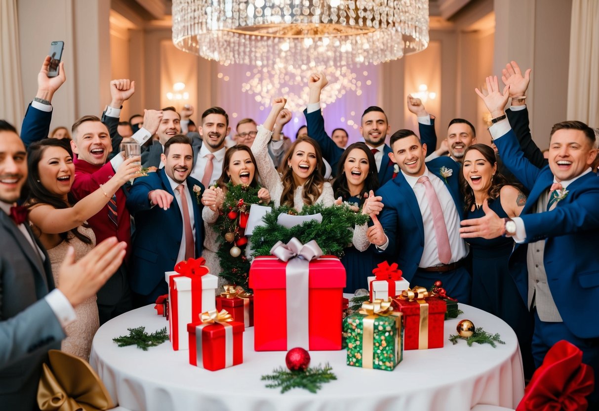 A festive table with gifts and decorations, surrounded by joyful guests celebrating at a wedding reception