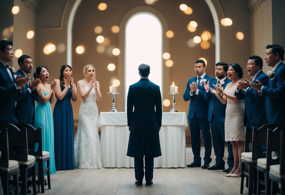 A figure standing alone, facing away from a wedding altar, surrounded by disappointed and shocked onlookers
