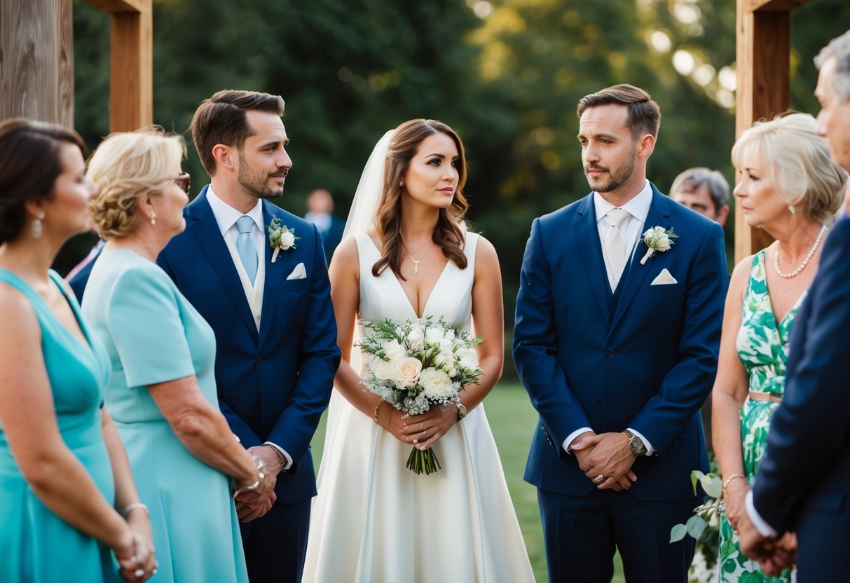 A couple stands before an officiant, surrounded by guests. One person hesitates, while the other looks on with concern